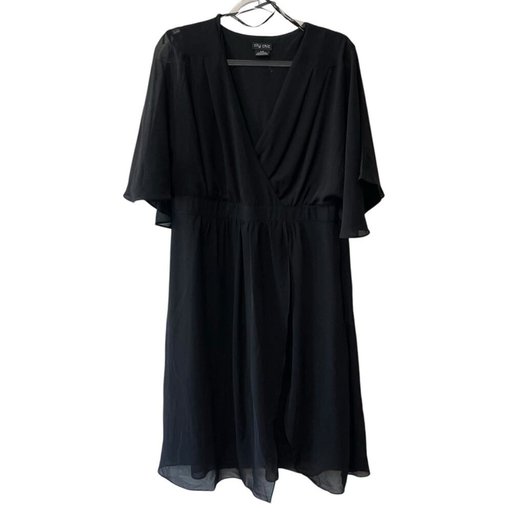 City Chic Love Affair Faux Wrap Flutter Sleeve Chiffon Dress Black Size 16